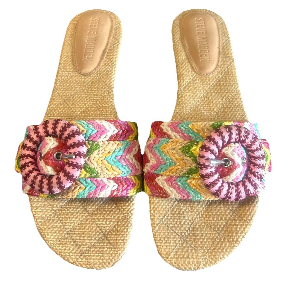 Steve Madden Merla Womens 7.5M Raffia Woven Multi Buckle Flat Slide Sandals